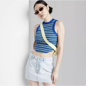 Wild Fable High Neck Blue Green Striped Tank top Round Hem Ribbed Women’s XS